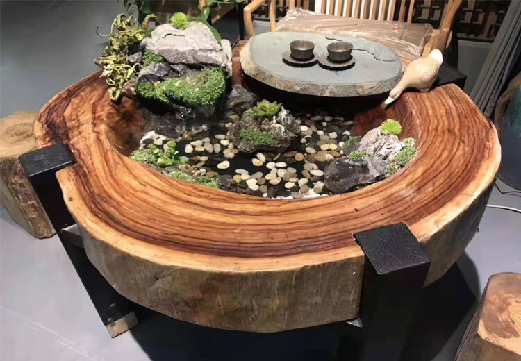 原木原生态香樟木禅意新中式茶几微景观循环流水养鱼曲水流觞茶桌 专