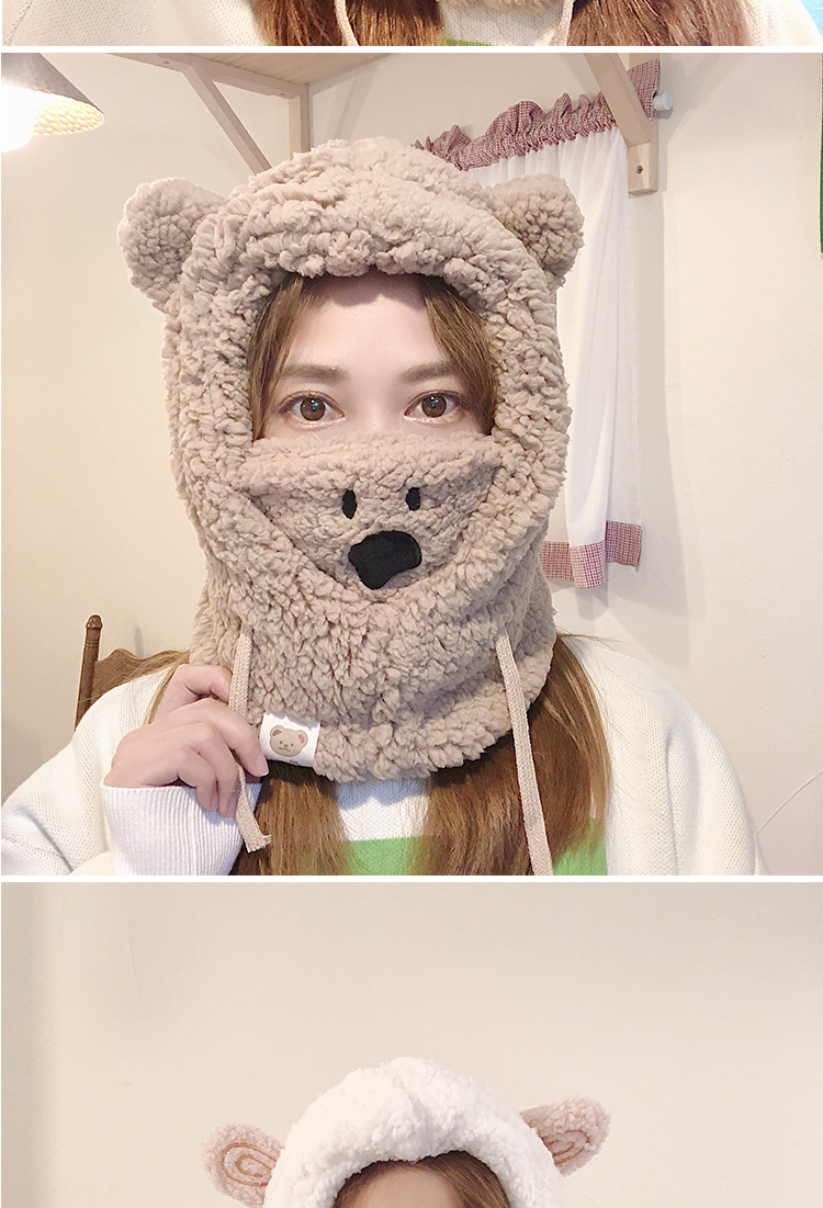 新品小熊头套围巾憨憨毛绒绒可爱小熊帽子一体骑行风头套加厚保暖围脖