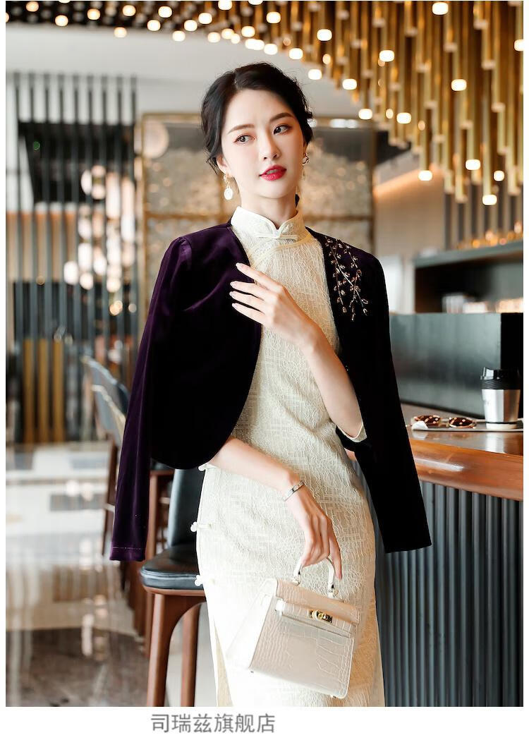 旗袍外搭配的小开衫披肩短外套女士2022秋冬新款配裙子短款开衫紫红色