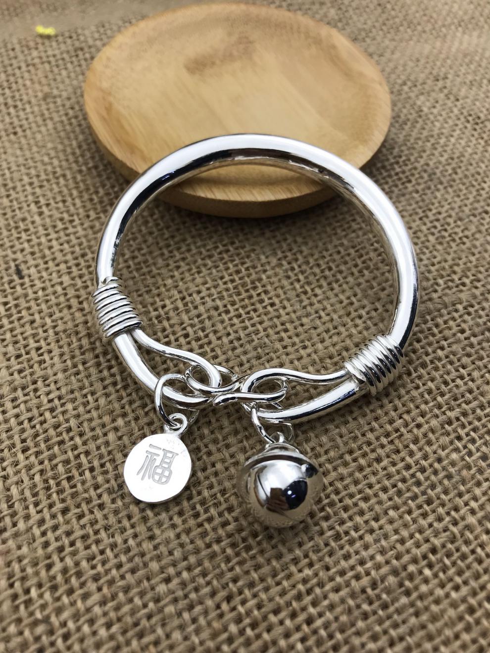 足银手工银手镯999足银定制实心圆条开口马蹄形白银雪花银镯 70克加一