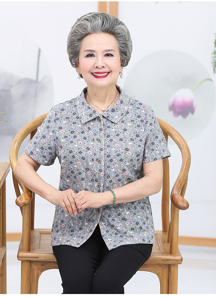 清韵语妈妈装夏季短袖棉质衬衫中老年人夏装女奶奶装棉质翻领花色衬衣