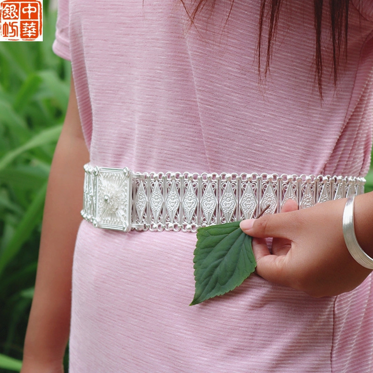 裕德俊背面贴银片银腰带999银云南雪花银西双版纳傣族银腰带宽5长120