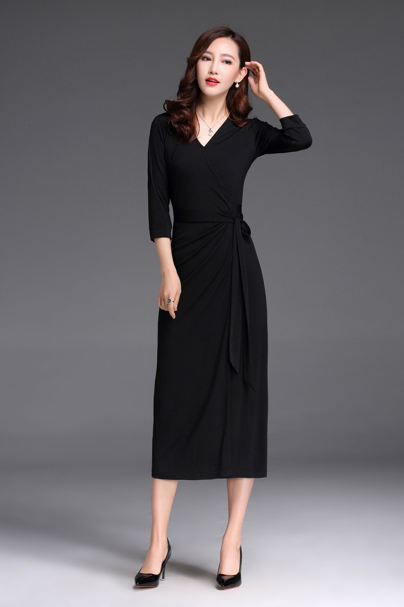 希尔库班一片式裹身连衣裙翠花围裹系带夏季气质长款v领ol修身度假长