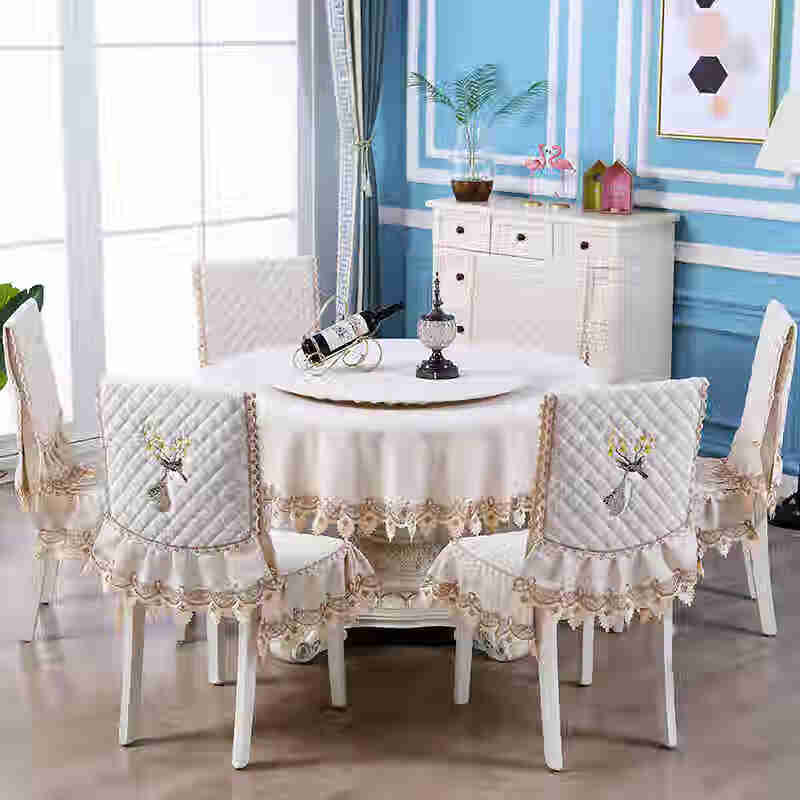 餐桌椅子组合套罩大圆桌圆桌和椅套一套中式椅垫套装家用凳子套灰福鹿