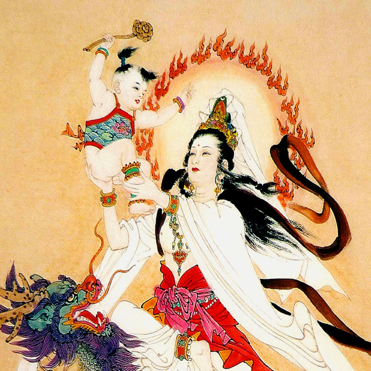 60过年送礼麒麟观音娘娘送子图画像挂画观世音菩萨佛堂书房卧室丝绸