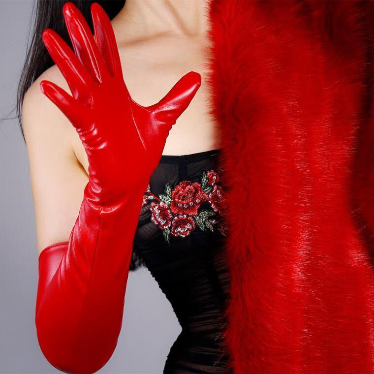 2021超长皮手套70cm加长款过肘皮羊皮pu无内衬女款大红色50cm大袖子m