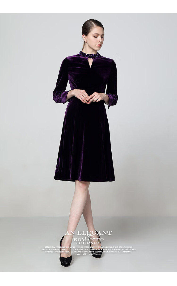 马天奴2020秋冬新款及膝中长款紫色收腰弹力丝绒连衣裙礼服紫色42xl