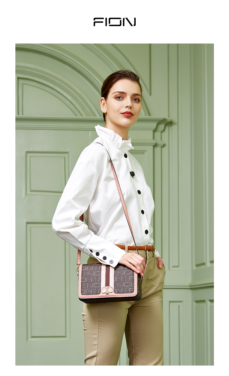 fion/菲安妮斜挎包女士包包小方包老花单肩斜挎包 洋气大容量包中包