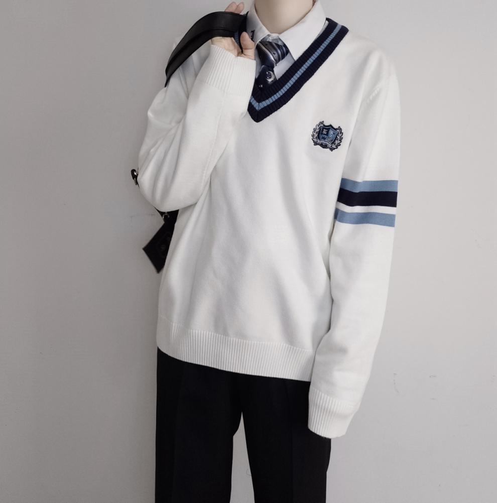 贩卖元气dk毛衣秋冬日系刺绣套头学生长袖v领宽松针织dk毛衣男情侣奶