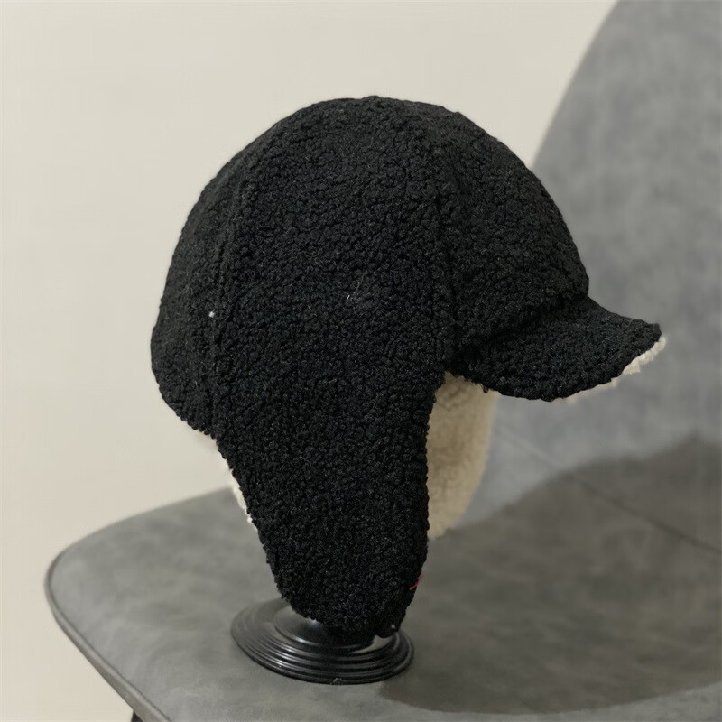 韩国ins羊羔毛雷锋帽贴标飞行帽子女冬天防风保暖蓝色滑雪帽潮男 黑色