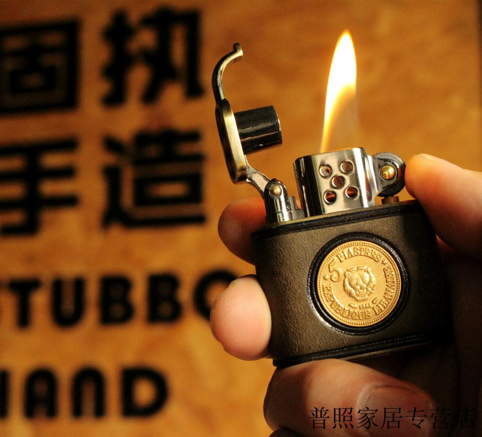 美式复古纯铜煤油打火机真皮 防风创意个性手工牛皮机身 怀旧精致送