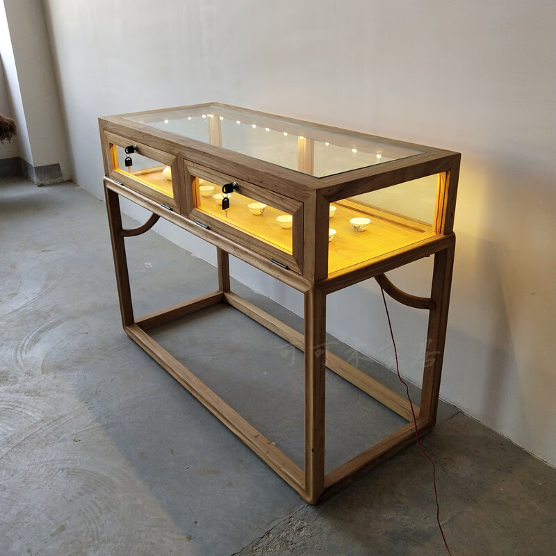 榆木免漆展柜精品玻璃陈列柜实木珠宝柜台首饰货柜中式玉石展示柜