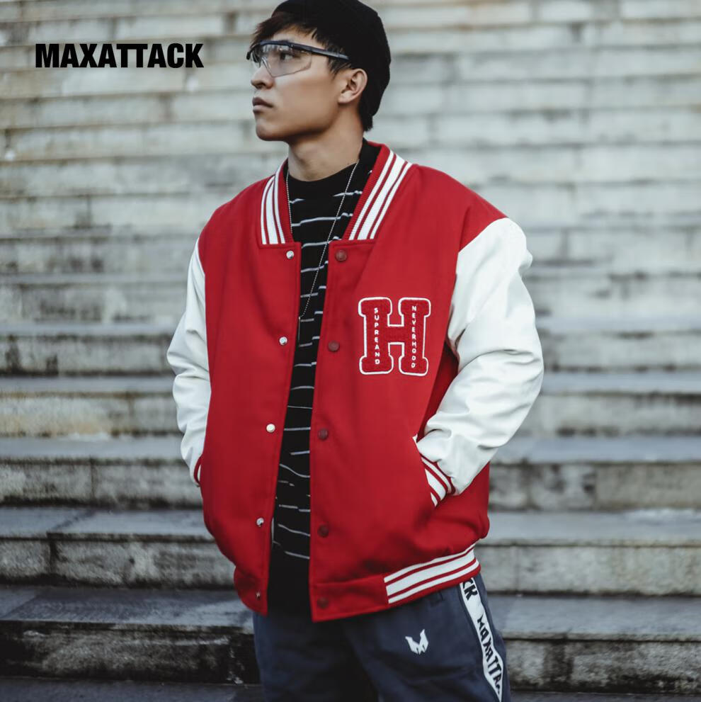 maxattack新品运动夹克短款开衫棒球服外套防风保暖潮牌健身上衣 红色
