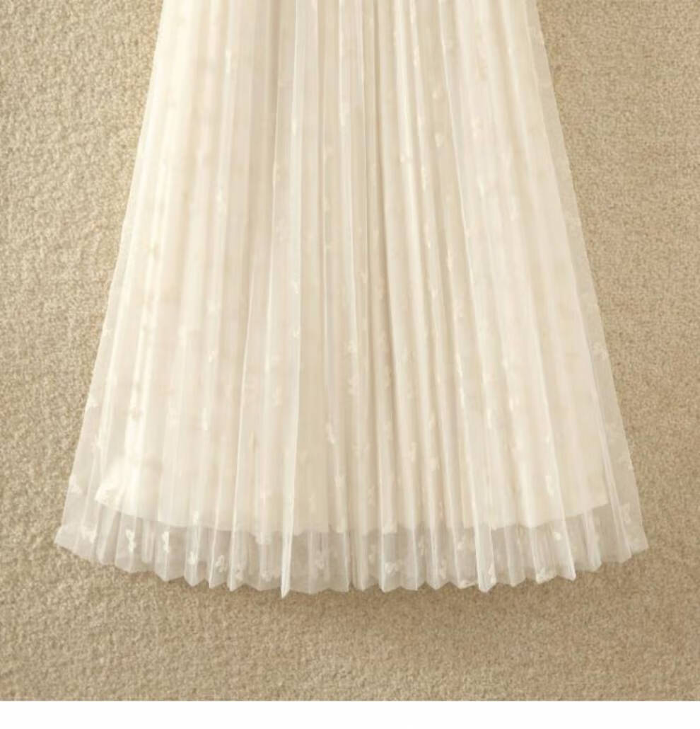 aodilun植绒蝴蝶纱裙女春季高腰垂感中长款碎花百褶裙子两面穿网纱