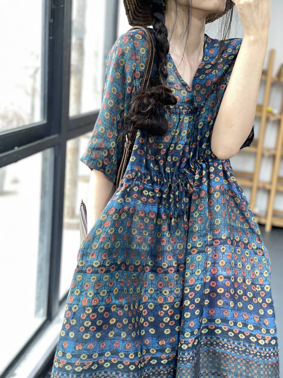 俞兆林文艺复古印花棉麻中袖连衣裙夏季收腰系带显瘦宽松休闲麻料中