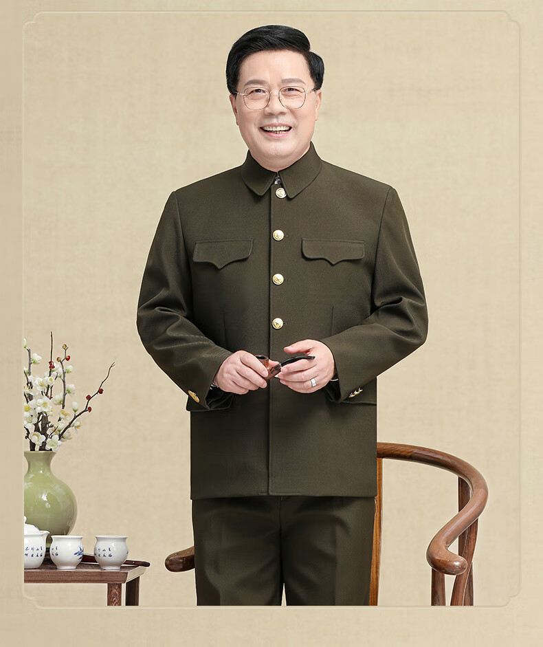 暗兜中山服男士军便服上衣军绿装男套装中老年老年人衣服春秋冬爷爷