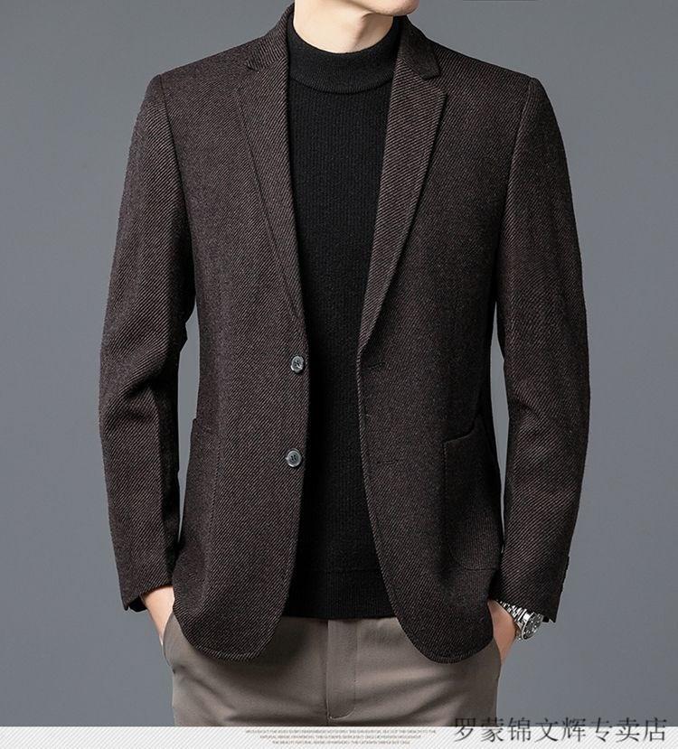 罗蒙品牌 商务休闲西服男士宽松加大码羊毛单件西装上衣秋冬季中年爸