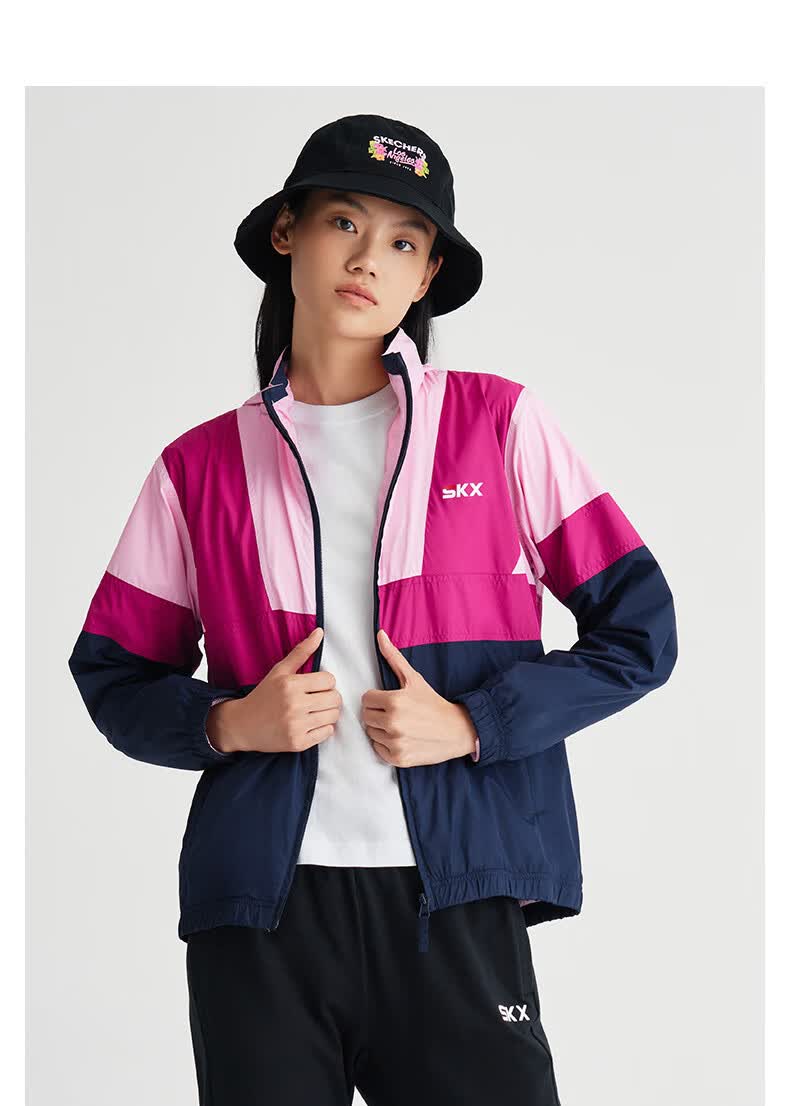 skechers斯凯奇情侣装女梭织连帽外套运动时尚撞色休闲服l320w034藏青