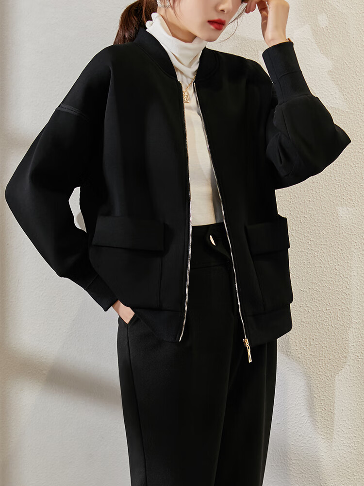touch miss塔驰密司女装优雅休闲黑色短款飞行员夹克外套女棒球服秋冬
