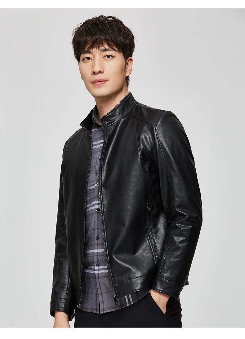 才子tries才子男装酷帅立领加绒皮夹克男秋冬休闲保暖男士外套黑色m