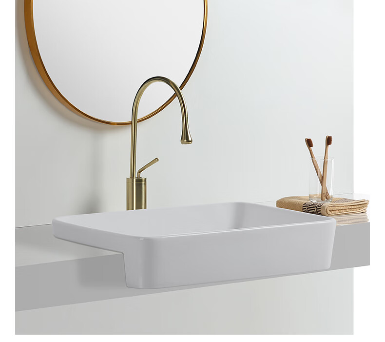 科勒半嵌入式台盆方形窄小半挂式洗手盆台上盆卫生间陶瓷洗脸盆半c款