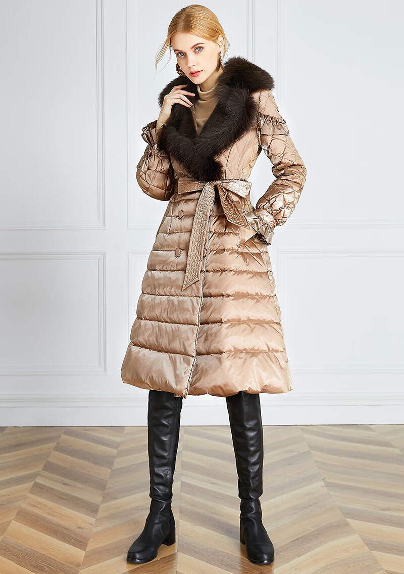 菲梦伊羽绒服女中长款2020冬装新款时尚真毛领收腰系带白鸭绒外套香槟