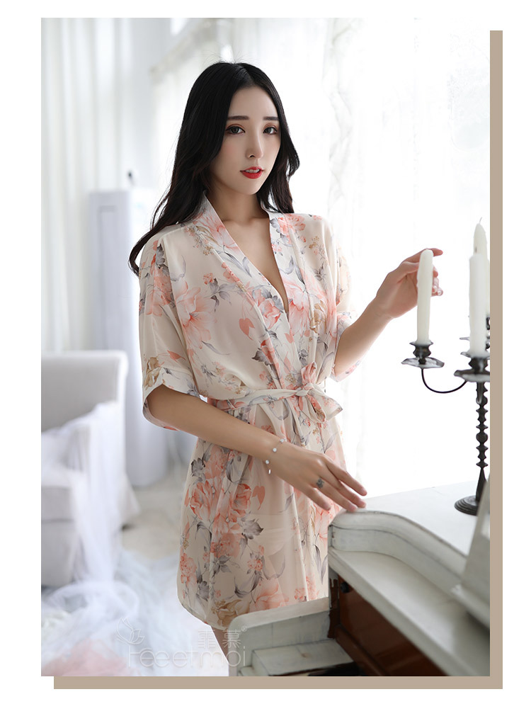 霏慕 情趣内衣女 诱惑性感睡衣 春夏居家深v蝴蝶结绑带时尚印花雪纺