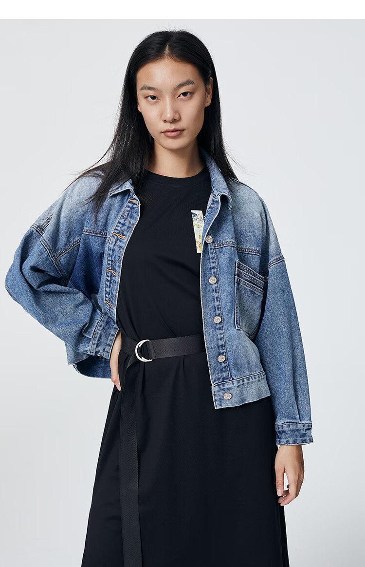 新】艾莱依2021春夏新款复古短款牛仔服女修身小个子韩版休闲牛仔外套