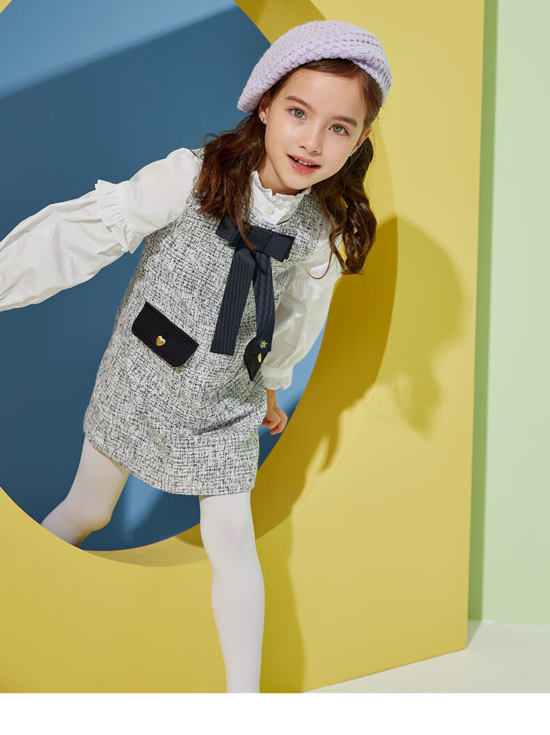 elandkids衣恋儿童早秋女童连衣裙淑雅小香风童装藏青120cm