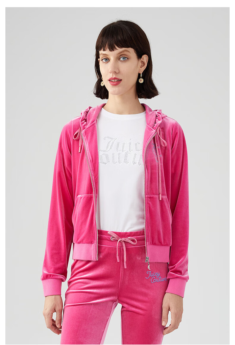 juicycouture橘滋女装秋冬镶钻logo天鹅绒拉链连帽外套女粉红xs