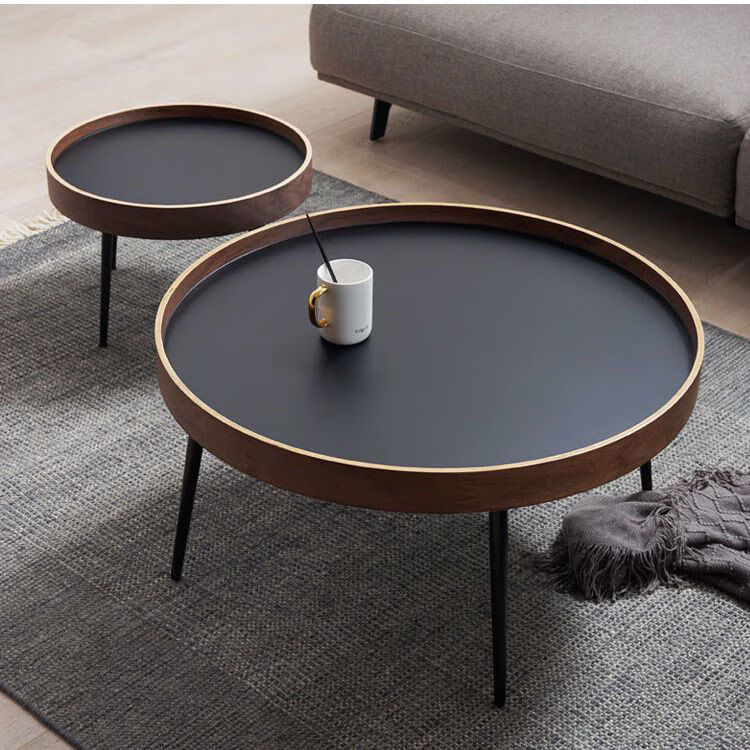 木圆形茶几组合实木茶几简约现代小户型客厅沙发边角几 胡桃色桌面 75