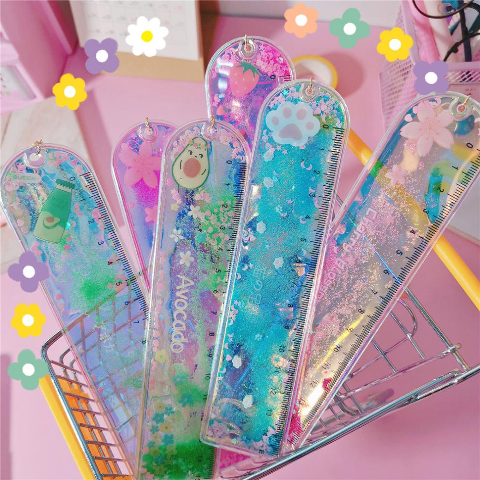 创意卡通入油流沙直尺可爱绘图尺子学生文具少女心吊坠书签刻度尺