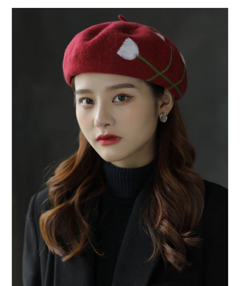 复古英伦韩版百搭手工刺绣仿羊毛画家帽日系南瓜帽黑色成人均码可调节