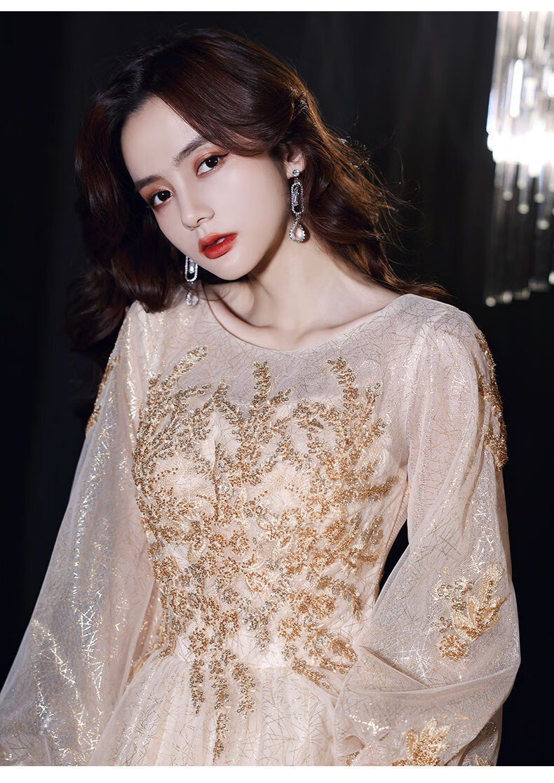 宴会晚礼服裙女新款高贵气质优雅成人礼年会主持平时可穿长款香槟色长