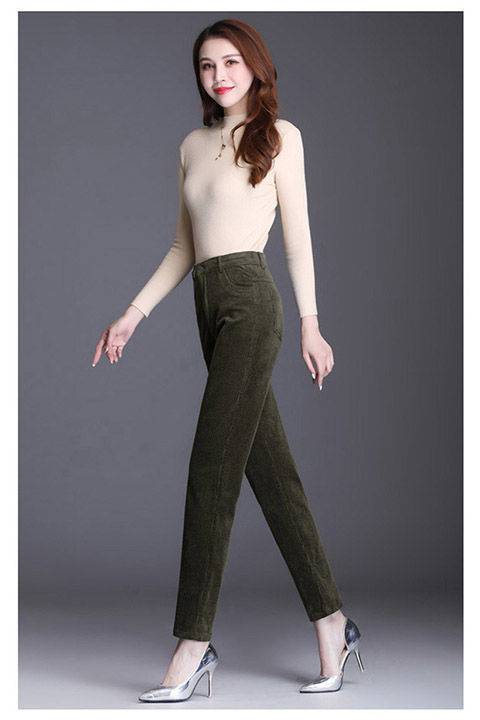 加绒灯芯绒小直筒裤高腰弹力休闲裤秋冬粗条绒中老年老年人女裤女士