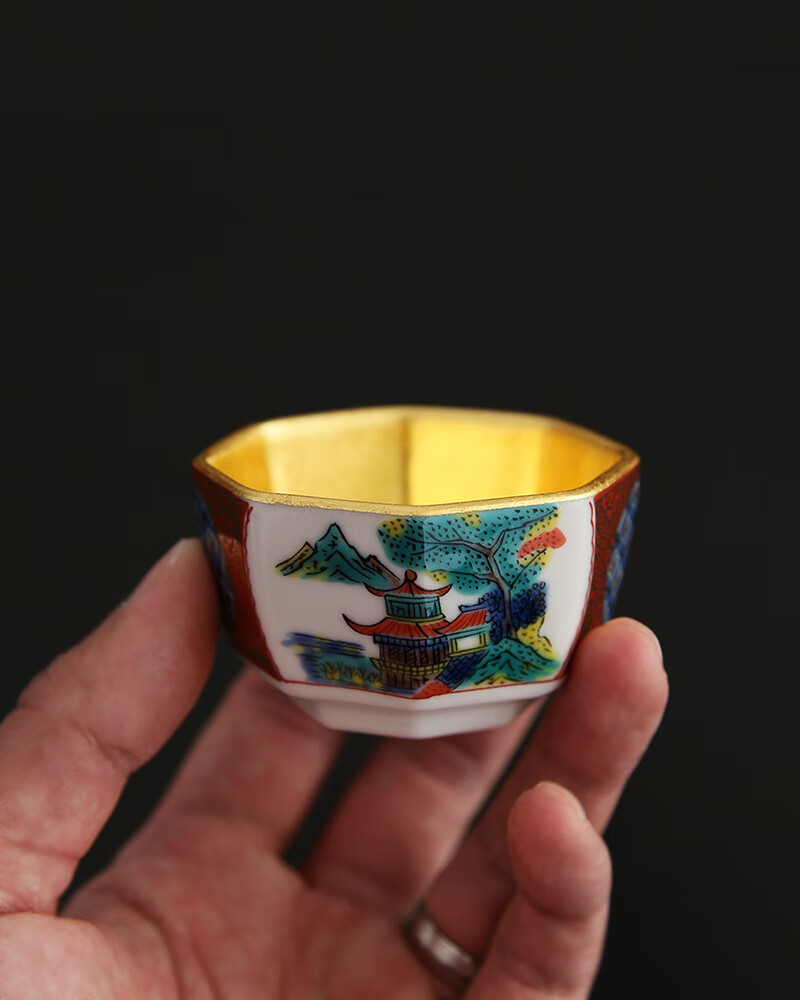 憬莀日本进口九谷烧时代绘金箔小酒杯茶杯酒盅陶瓷清酒杯古九谷四方杯