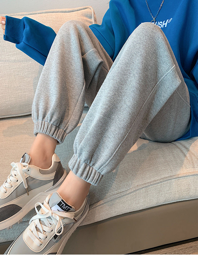 绒运动裤女秋冬宽松束脚秋加厚哈伦裤子休闲灰色卫裤黑色秋加长97cms