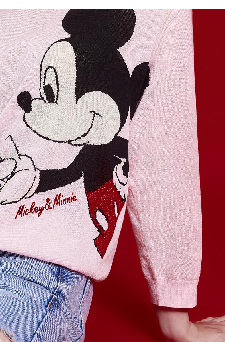 five plus新款女装迪士尼联名款米奇米妮v领针织衫宽松落肩 粉红180 s