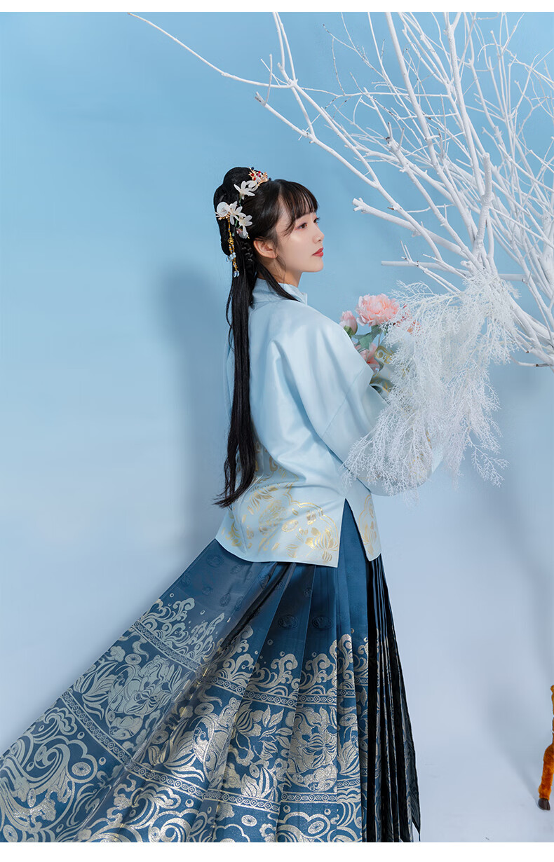 有钱鼠二如梦霓裳原创汉服女明制袄裙春季款汉服新妆花织金马面裙深蓝
