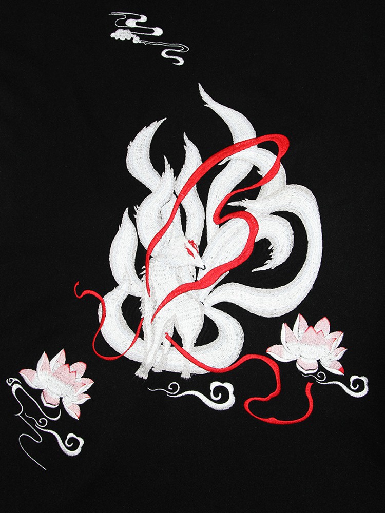 山海经九尾狐汉服男九尾灵狐斗篷女重工刺绣冬季加厚披风黑色加绒130