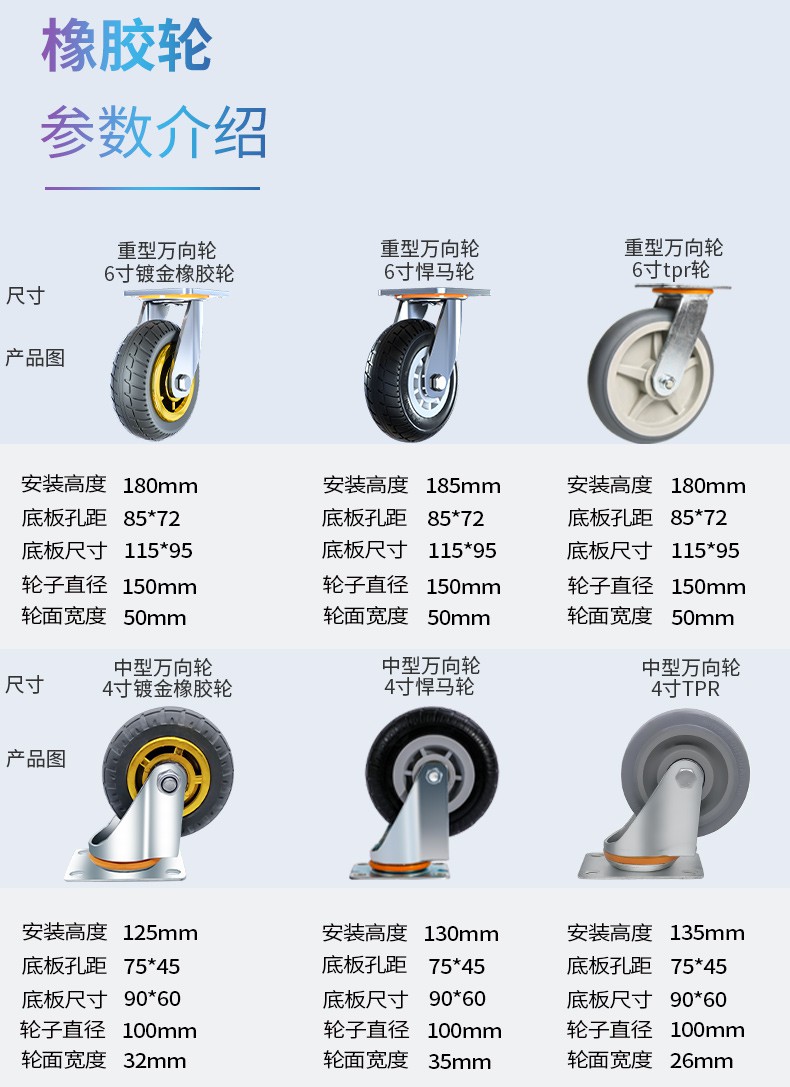 晖妍五金万向轮静音重型橡胶脚轮3寸4寸5寸平板手推车拖车轮子带刹车