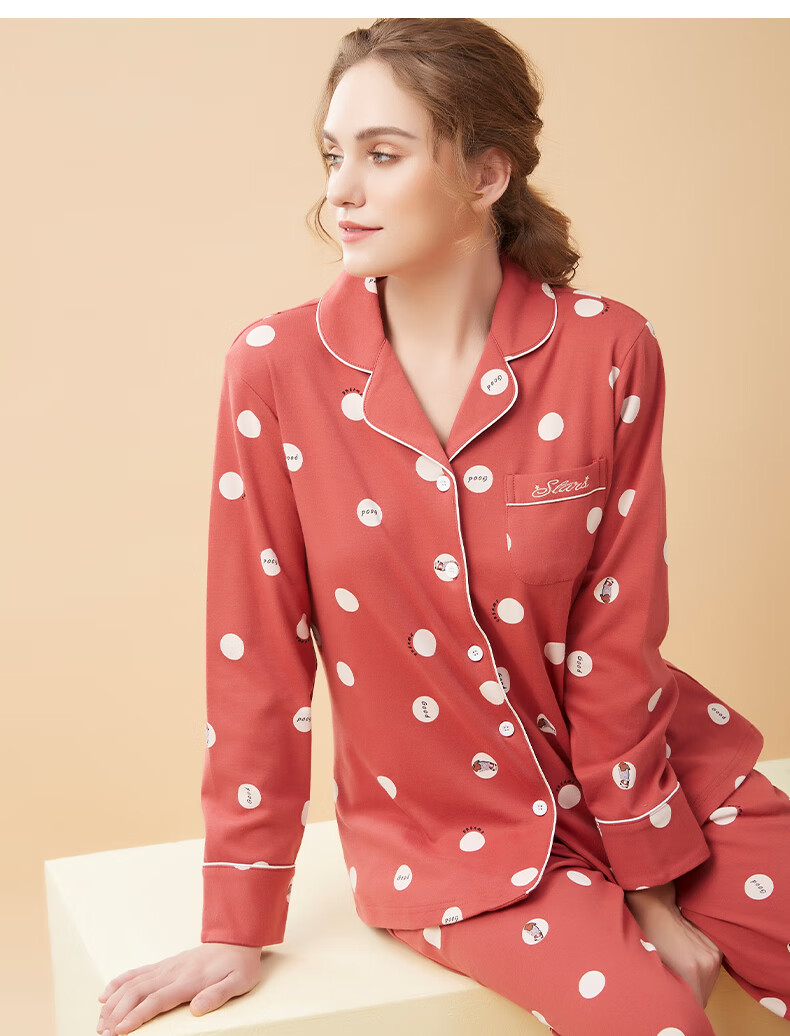 意大莱2021新款睡衣女春秋长袖纯棉家居服波点大码全棉套装冬季 2000