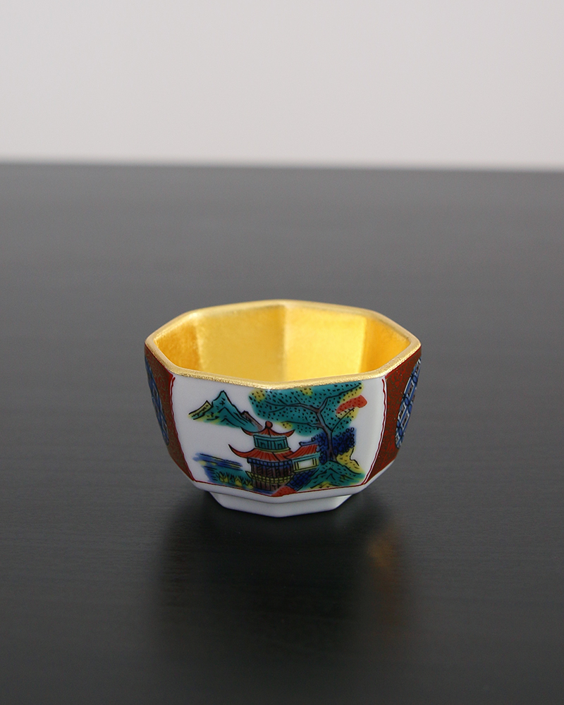 憬莀日本进口九谷烧时代绘金箔小酒杯茶杯酒盅陶瓷清酒杯吉田屋六棱杯