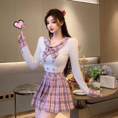 原创jk制服裙减龄少女学院风套装长袖露脐女秋款学生百褶裙 上衣 s