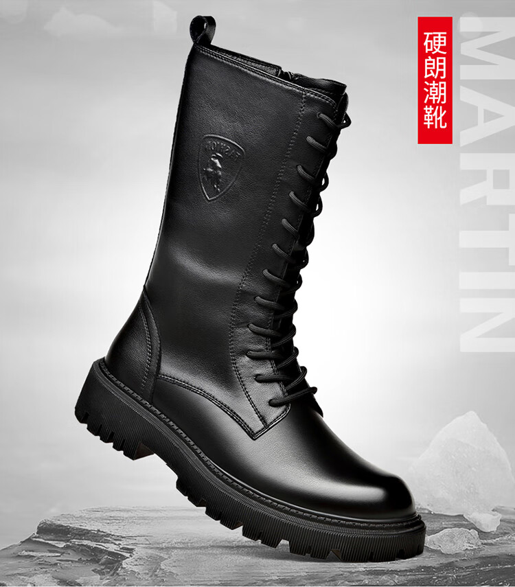 木林森长靴男超长潮流男士真牛皮机车骑士靴马靴高筒加绒工装靴 黑色