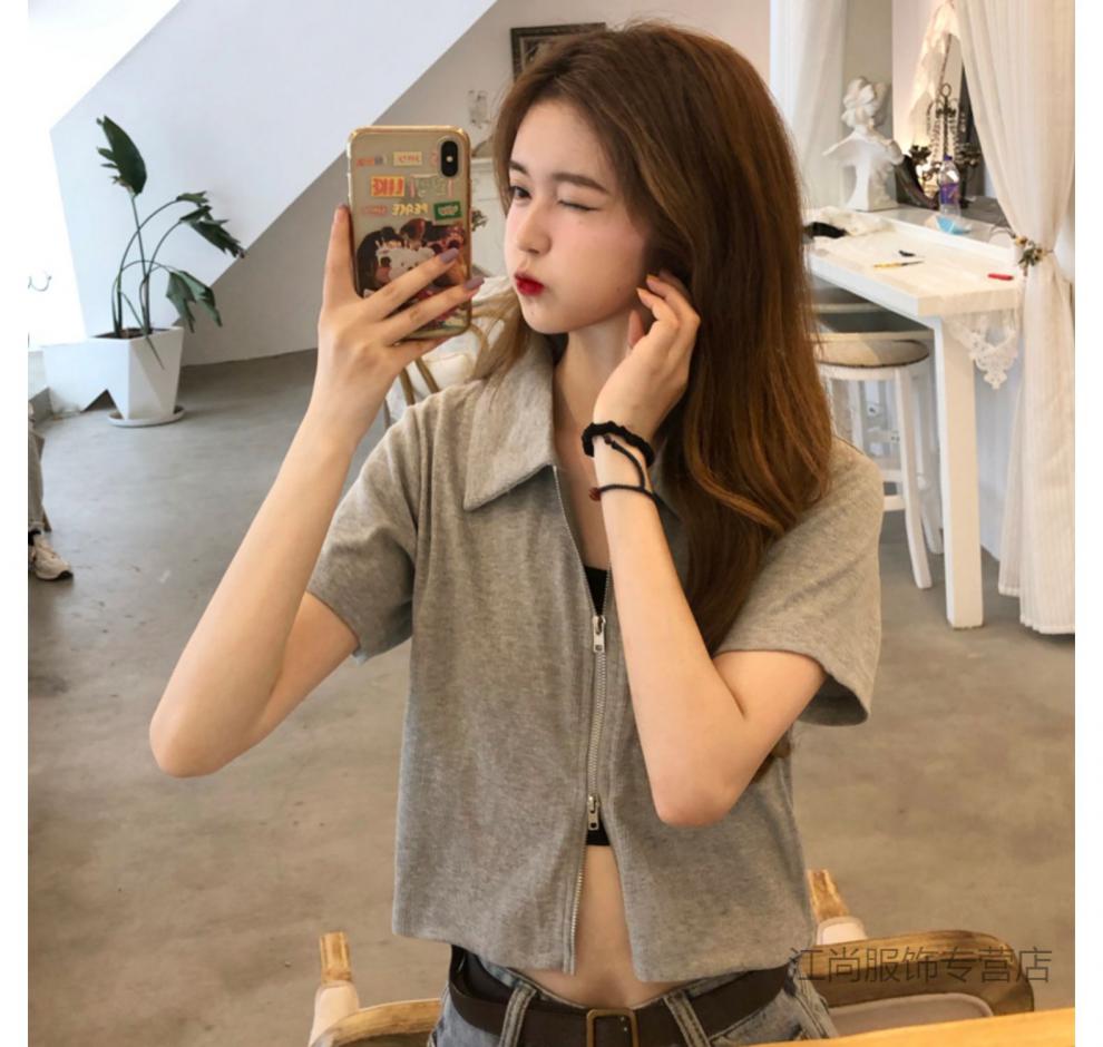 高腰双拉链短袖t恤女夏修身显瘦露脐短款上衣学生polo领ins潮 蓝色 m