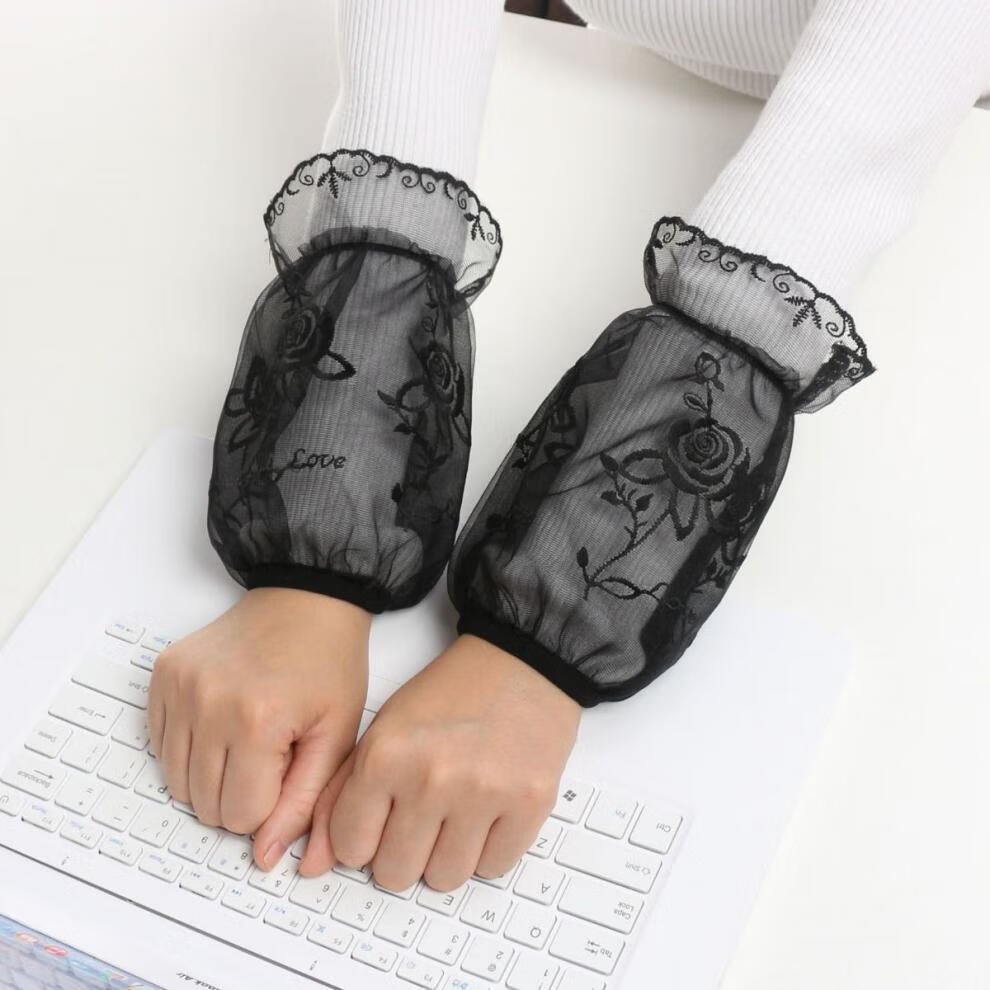 红色袖套韩版纯色双层蕾丝袖套女士短款网纱护袖服工作护袖黑白头 一