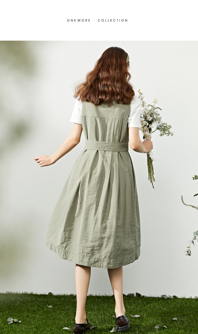 onemore2020夏季新款简约灰绿色连衣裙气质中长款背带裙女装灰绿155