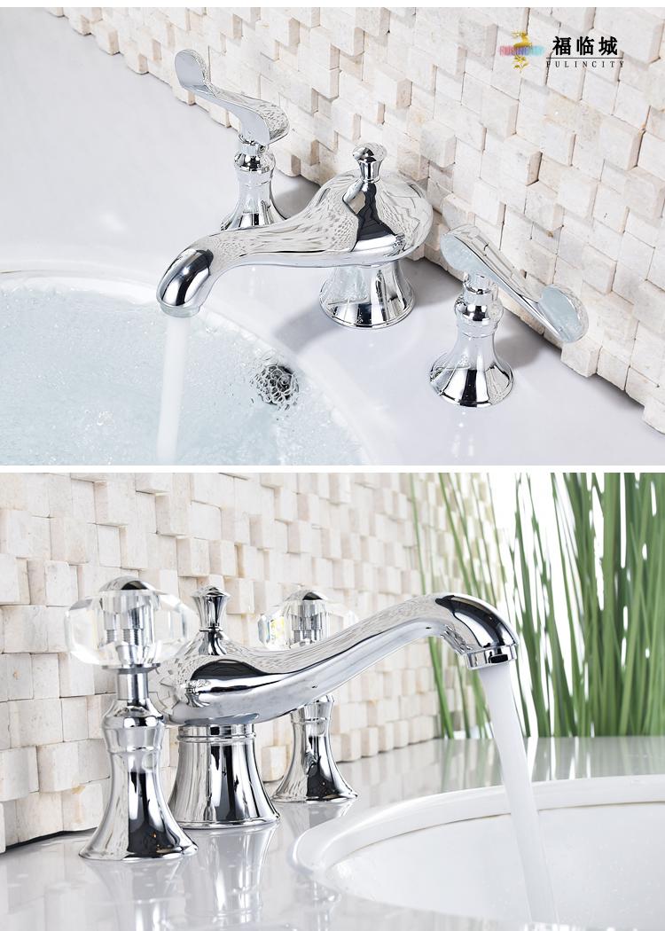 欧式分体式三孔面盆龙头浴室柜金色冷热水龙头三件套神灯铬色玻璃把手