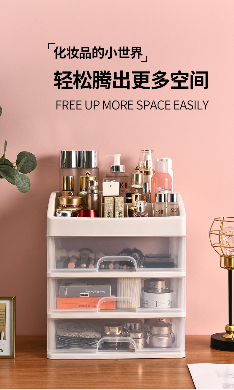 88394-冇力化妆品收纳盒多层可拆卸透明桌面抽屉柜塑料收纳盒整理柜多功能储物盒收纳箱 透明3层抽屉(顶带格子)-详情图